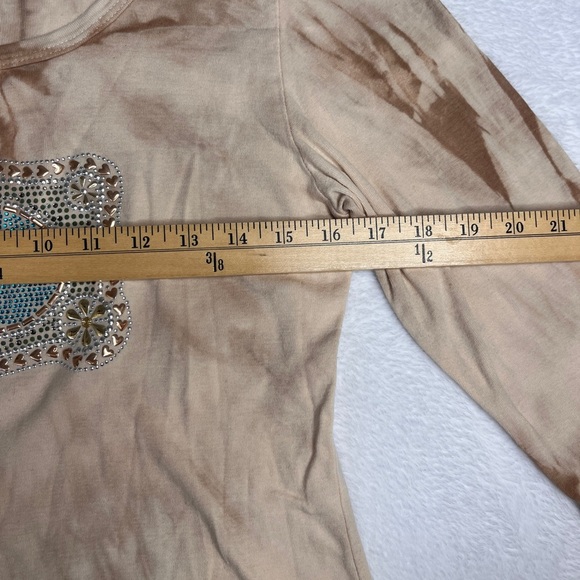Don’t Mess With Texas Bedazzled Longhorn Tan Tie Dye 3/4 Sleeve Top Sz L Western - Picture 5 of 9